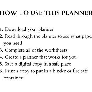 Pu&ograve; includere: Un elenco di istruzioni su come utilizzare un planner. Le istruzioni includono il download del planner, la lettura, il completamento dei fogli di lavoro, la creazione di un planner che funzioni per te, il salvataggio di una copia digitale e la stampa di una copia.