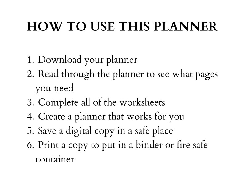 Pu&ograve; includere: Un elenco di istruzioni su come utilizzare un planner. Le istruzioni includono il download del planner, la lettura, il completamento dei fogli di lavoro, la creazione di un planner che funzioni per te, il salvataggio di una copia digitale e la stampa di una copia.