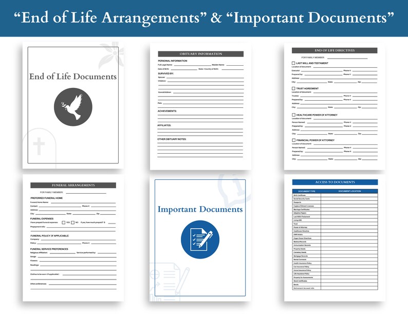 Pu&ograve; includere: Un set di documenti di fine vita stampabili. I documenti includono sezioni per informazioni sul necrologio, disposizioni funebri, direttive di fine vita e accesso ai documenti. I documenti sono progettati per aiutare le persone a pianificare le loro cure di fine vita e garantire che i loro desideri siano rispettati.