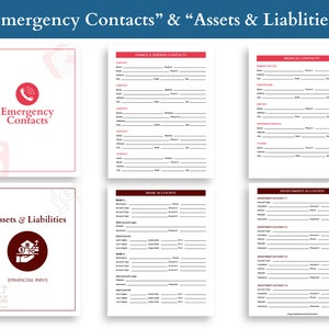 Pu&ograve; includere: Un documento stampabile con il titolo "Contatti di emergenza" e "Attivit&agrave; e passivit&agrave;". Il documento include sezioni per elencare i contatti di emergenza, i contatti medici, i conti bancari e i conti di investimento.