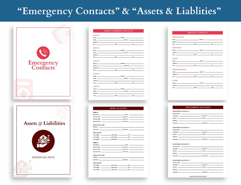 Pu&ograve; includere: Un documento stampabile con il titolo "Contatti di emergenza" e "Attivit&agrave; e passivit&agrave;". Il documento include sezioni per elencare i contatti di emergenza, i contatti medici, i conti bancari e i conti di investimento.