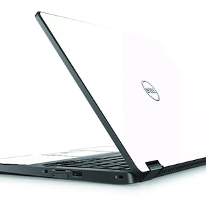 May include: A white Dell laptop with the lid open and the screen facing away from the viewer. The laptop is sitting on a white surface.