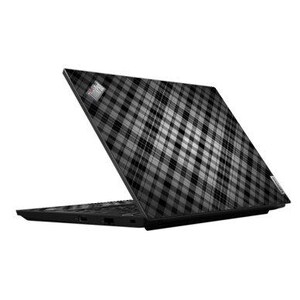 May include: Black laptop with a gray and black plaid pattern on the lid. The laptop is open, revealing the keyboard and screen. The Lenovo logo is visible on the lid.