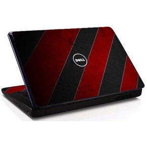 Może przedstawiać: Czarny laptop z czerwono-czarnym wzorem w paski. Logo Dell jest widoczne na pokrywie.