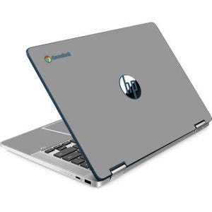 May include: A gray HP Chromebook laptop with a blue trim. The laptop is partially open, revealing the keyboard and screen. The HP logo is visible on the lid, along with the Chromebook logo.