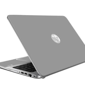 May include: A silver laptop computer with the HP logo on the lid. The laptop is closed and the lid is open at a slight angle.