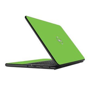 May include: A lime green laptop with a black frame is slightly open, revealing the keyboard. The Dell logo is visible on the top. The laptop is set against a white background.