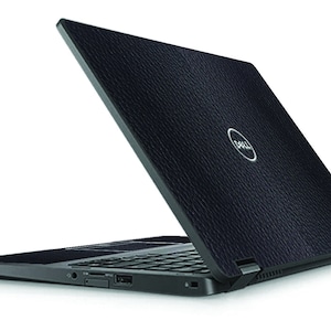May include: A black laptop computer with a textured lid and the Dell logo. The laptop is closed and the lid is open at a slight angle.