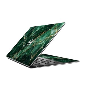 May include: A laptop featuring a dark green marble pattern with gold veining across the exterior lid and the palm rest area. The device has a black keyboard and a silver Dell logo centered on the lid, showcasing a sleek, modern aesthetic design.