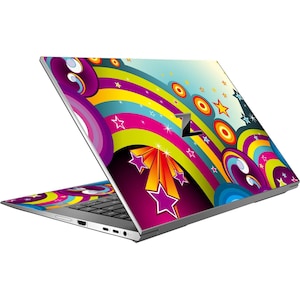Puede incluir: Un ordenador portátil con un diseño abstracto colorido con rayas de arcoíris, estrellas y círculos. El diseño está en tonos de rosa, amarillo, azul, verde y naranja.