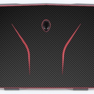 May include: Black laptop with a red carbon fiber design and a red alien head logo.
