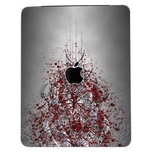 May include: A silver and red abstract design with a black Apple logo on a gray background. The design features a splatter effect with red and silver lines.