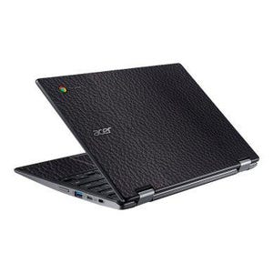 Puede incluir: Ordenador portátil Acer Chromebook negro con superficie texturizada. El portátil está parcialmente abierto, revelando el teclado y los puertos. El logotipo de Acer y el logotipo de Chrome son visibles en la tapa.