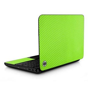 May include: A black laptop with a green carbon fiber design on the lid. The HP logo is visible on the lid.
