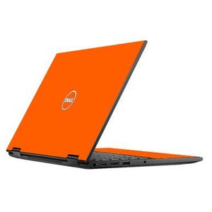 May include: An orange Dell laptop with a black keyboard and frame. The laptop is open, displaying the Dell logo on the lid. The screen is angled, revealing the keyboard and ports.