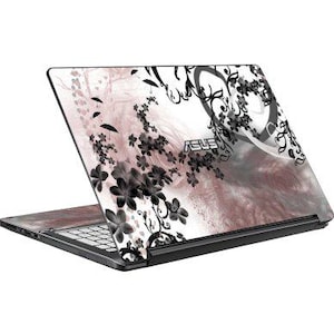 Könnte beinhalten: Ein schwarzer Laptop mit einem floralen Design auf dem Deckel. Das Design zeigt schwarze Blumen und Ranken auf weißem Hintergrund mit rosa und grauen Akzenten. Das Wort "ASUS" ist auf dem Deckel sichtbar.