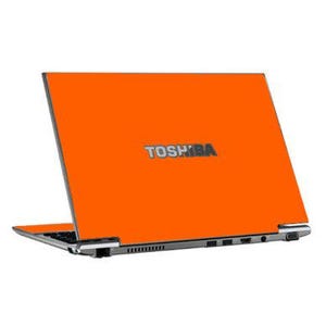 May include: Orange laptop computer with the Toshiba logo on the lid.