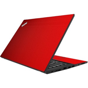 May include: A red laptop with a carbon fiber pattern on the lid. The laptop is open and the keyboard is visible. The laptop is a ThinkPad.