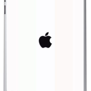 Puede incluir: Una tableta blanca con un logotipo de Apple negro en la parte delantera.