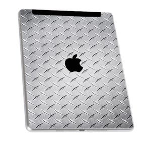 May include: A silver iPad with a diamond plate pattern skin. The Apple logo is visible on the back.