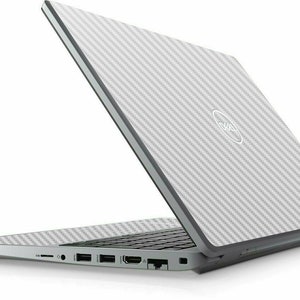 May include: A white laptop with a carbon fiber pattern on the lid. The laptop is closed and the lid is open at a slight angle. The laptop has a Dell logo on the lid.