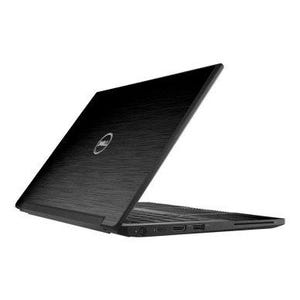 May include: A black Dell laptop with the lid slightly open, revealing the keyboard and ports. The laptop has a textured surface and a silver Dell logo on the lid. The background is plain white.