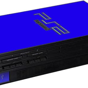 Może przedstawiać: Niebieska konsola PlayStation 2 z logo PlayStation 2 na górze. Konsola jest czarna na dole i ma różne porty i przyciski.