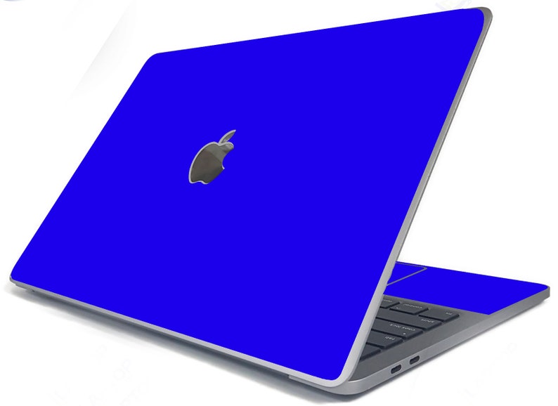May include: A blue laptop computer with a silver Apple logo on the lid. The laptop is open and the keyboard is visible.