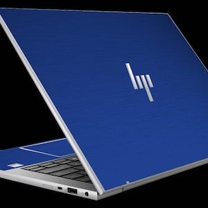 May include: A blue HP laptop with a silver frame, open at an angle against a black background. The laptop lid features the HP logo in silver. The keyboard and trackpad are visible.