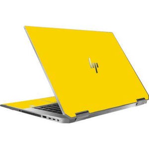 May include: A yellow laptop with the HP logo on the lid. The laptop is open, showing the keyboard and screen. The laptop is set against a white backdrop.