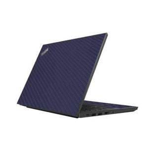 May include: A navy blue laptop with a textured carbon fiber pattern on the lid. The laptop is open, revealing the keyboard and ports. The ThinkPad logo is visible on the lid.