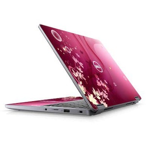 May include: A Dell laptop with a vibrant pink floral design. The laptop is open, showcasing the keyboard and screen. The design features white floral accents and the Dell logo.