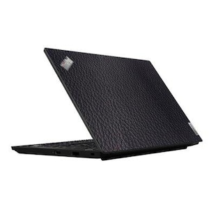 May include: Black laptop with a textured surface. The laptop is slightly open, revealing the keyboard and ports. The Lenovo logo is visible on the top right corner. The ThinkPad logo is on the top left corner.