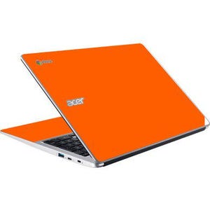 May include: An orange Acer Chromebook laptop, partially open, against a white background. The laptop has a black keyboard and the Acer logo is visible. The Chromebook logo is in the upper left corner.