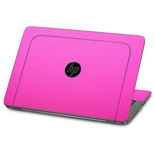 May include: A pink laptop skin with a carbon fibre pattern and the HP logo in the centre.