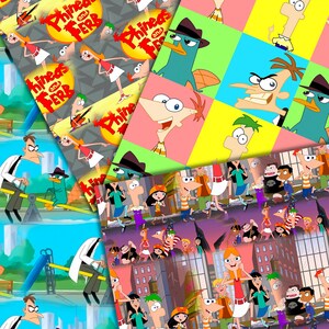 May include: A colorful digital paper pack featuring various characters from the animated television series Phineas and Ferb. The characters are depicted in various poses and expressions, including Phineas, Ferb, Perry the Platypus, Candace, and Dr. Doofenshmirtz. The paper pack includes a variety of patterns and designs, including polka dots, stripes, and geometric shapes. The paper pack is perfect for scrapbooking, card making, and other craft projects.