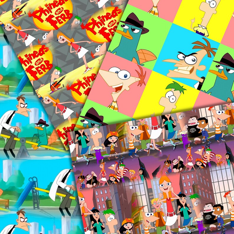 May include: A colorful digital paper pack featuring various characters from the animated television series Phineas and Ferb. The characters are depicted in various poses and expressions, including Phineas, Ferb, Perry the Platypus, Candace, and Dr. Doofenshmirtz. The paper pack includes a variety of patterns and designs, including polka dots, stripes, and geometric shapes. The paper pack is perfect for scrapbooking, card making, and other craft projects.