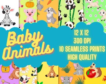 Cute Baby Animals seamless digital paper, tiny animals seamless pattern, animals printable paper for baby shower, t-shirt, mug, jpeg animals