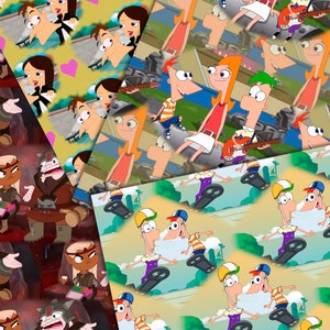 May include: A colorful cartoon pattern featuring characters from the animated series Phineas and Ferb. The pattern includes images of Phineas, Ferb, Candace, Perry the Platypus, and other characters from the show. The pattern is set against a background of green, blue, and yellow.