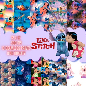 Papel digital sem costura Lilo e Stitch 12x12 JPEG, papel de embrulho, papel de aniversário para impressão, padrão sem costura, para convite digital, png