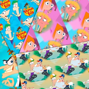 May include: A colorful patterned fabric featuring cartoon characters from the animated series Phineas and Ferb. The fabric features a repeating pattern of Phineas and Ferb, Candace, and Perry the Platypus. The fabric is perfect for crafting projects, such as making quilts, pillows, and tote bags.