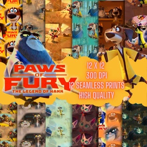 Cartoon Paws of Fury digital seamless paper 12x12 jpeg for birthday invitations, gift paper, print on any item, Paws of Fury svg jpeg png