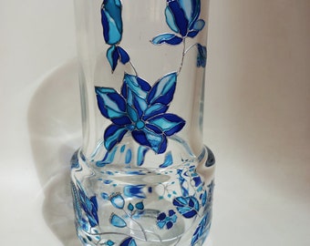 Painted glass vase. Unique glass vase. Painted flower vase. Small glass vase. Blue glass vase. Handpainted vase. Glass vases for flowers.