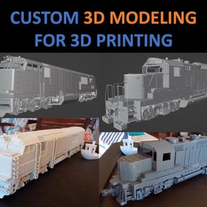 Puede incluir: Cuatro modelos impresos en 3D de una locomotora de tren. Los modelos están en diferentes etapas de finalización, algunos están completamente pintados y otros todavía en su forma de plástico gris en bruto. Los modelos están todos en la misma pose, con la parte delantera de la locomotora mirando al espectador. La imagen está titulada "MODELADO 3D PERSONALIZADO PARA IMPRESIÓN 3D".