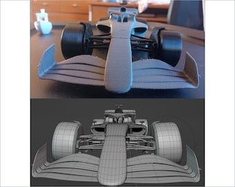 Può includere: Un modello stampato in 3D di un'auto da corsa di Formula 1, visto di fronte. Il modello è grigio e presenta un design dettagliato, tra cui l'ala anteriore, le ruote e le sospensioni. Il modello è anche mostrato in una vista wireframe, che mostra la geometria sottostante del modello.