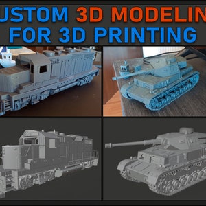 Könnte beinhalten: Eine Collage aus vier 3D-gedruckten Modellen: eine Lokomotive, ein Panzer und zwei verschiedene Ansichten eines weiteren Panzers. Die Modelle sind alle grau und scheinen aus Kunststoff zu sein. Der Text "CUSTOM 3D MODELING FOR 3D PRINTING" wird oben im Bild angezeigt.