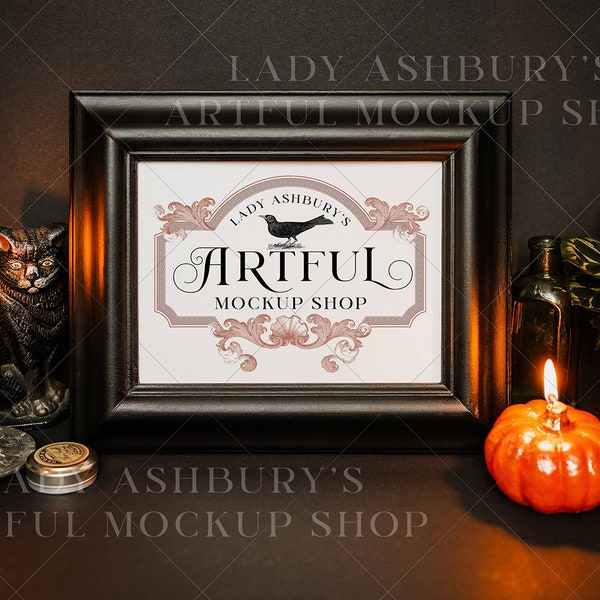 Vintage Halloween Frame Mockup | occult decor mockup, witchcraft styled scene mock up, black frame halloween mockup, candle light maximalist