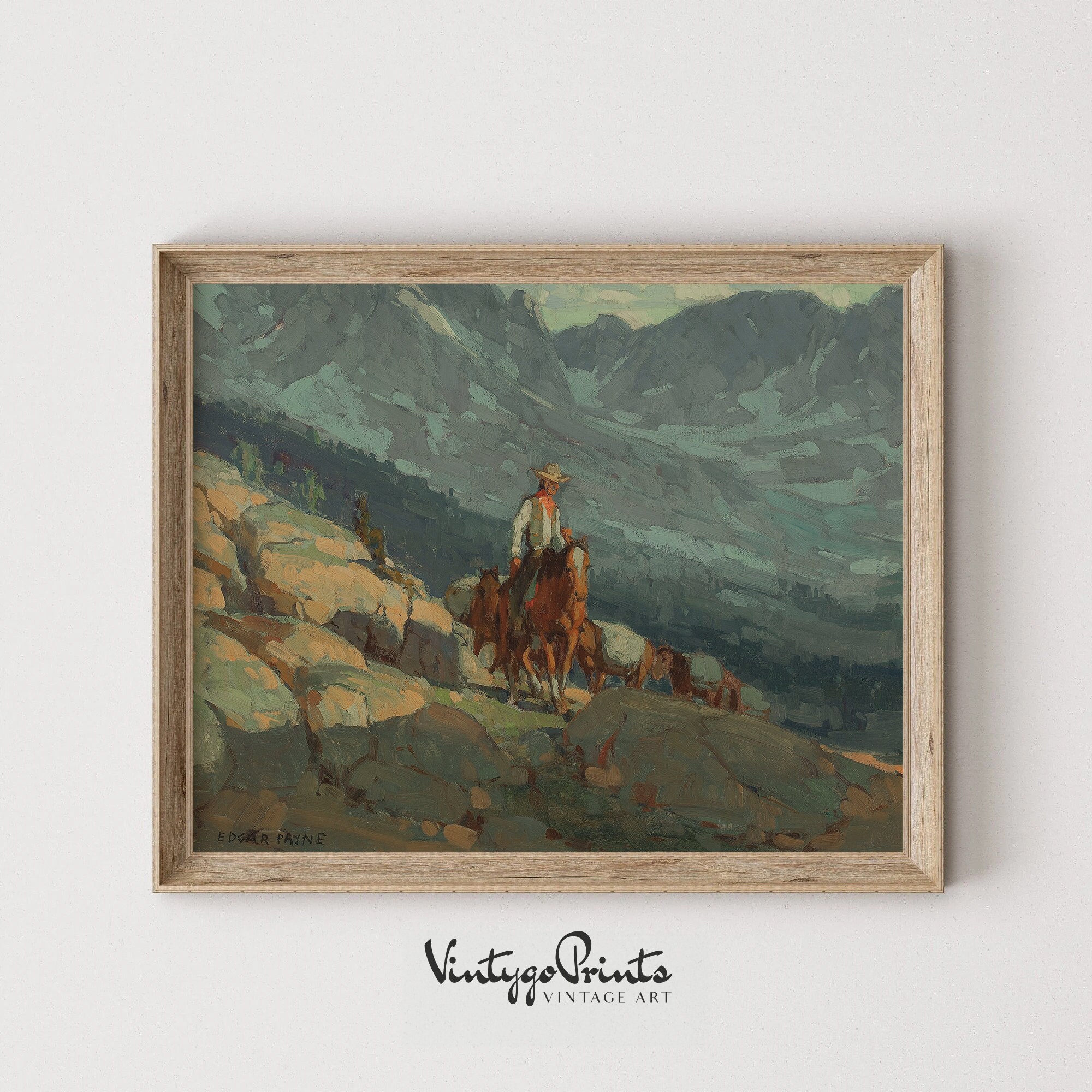Southwest Cowboy Oil Painting | Vintage Old Rocks Mountain Landscape | Antique Horse Rider Wall Art | PRINTABLE Digital Download | 468