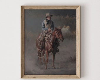 May include: A vintage painting of a cowboy riding a brown horse in a dusty landscape. The cowboy is wearing a brown hat, a blue shirt, and a vest. The horse is standing still, and the cowboy is looking off to the side.