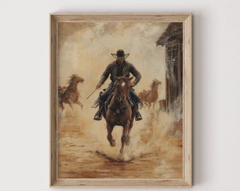 Cowboy Oil Painting | Western Vintage Mid Century Decor | Antique Prints PRINTABLE Digital Download | 568